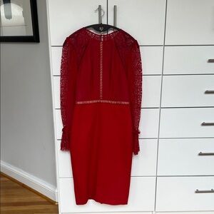 Elegant Red Lace Long-Sleeve Sheath Dress